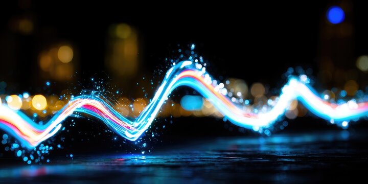 Winding light streaks with glowing particles against blurred city lights