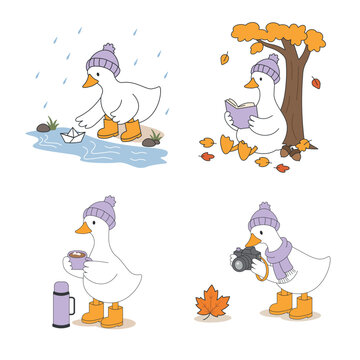 Adorable collection of four autumn-themed goose illustrations featuring a white goose wearing a purple beanie, scarf, and yellow boots.