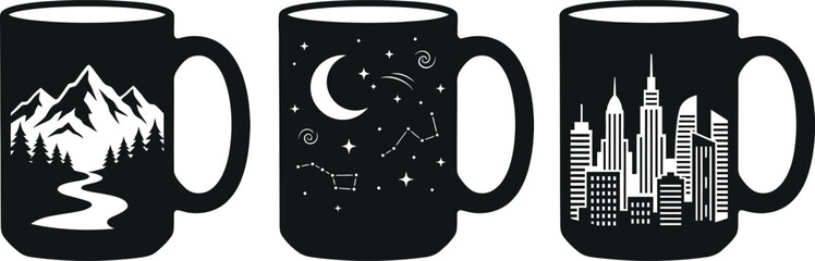 Set of three black coffee mugs featuring minimalist graphic designs of mountains starry night sky and a modern city skyline perfect for diverse lifestyle themes © Munaza