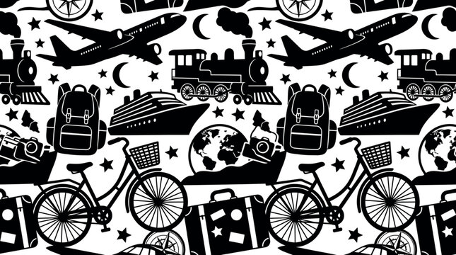 seamless pattern of travel elements like airplanes trains ships bicycles luggage and cameras