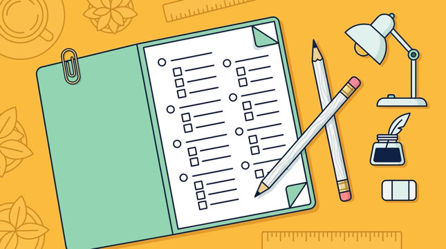 checklist and planning concept with notebook pencil and drafting tools on yellow background