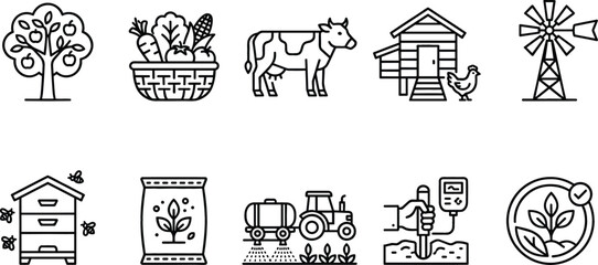 Organic Farming and Agriculture Icon Set with Fruit Tree, Vegetable Basket, Cow, Chicken Coop, Windmill, Beehive, Fertilizer Bag, Tractor, Soil Tester, and Eco Emblem © Ashik 