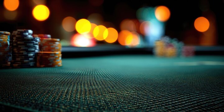 Soft focus image of poker chips on a felt table, with blurred lights in the background