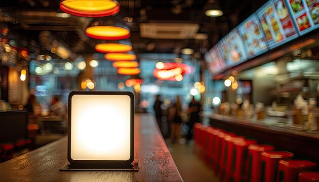 Glowing menu stand on a bar counter, with blurry restaurant background