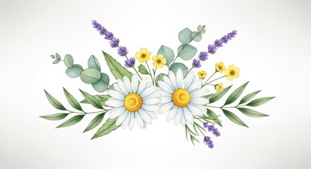 Fototapeta premium Beautiful Watercolor Flower Arrangement Featuring Chamomile, Lavender, and Greenery on White Background