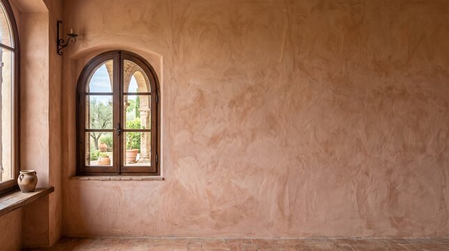 Rustic italian villa interior with terracotta plaster wall and arched wooden window overlooking a sunny mediterranean garden courtyard with clay pots