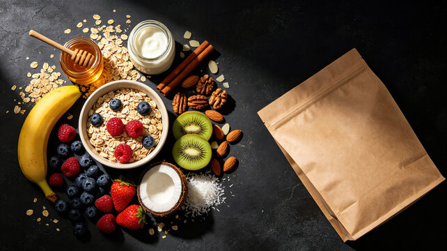 Flat Lay Balanced Morning Oat Bowl with Fresh Berries Fruits Nuts Honey Yogurt Next to Sealed Brown Paper Zipper Pouch Mockup