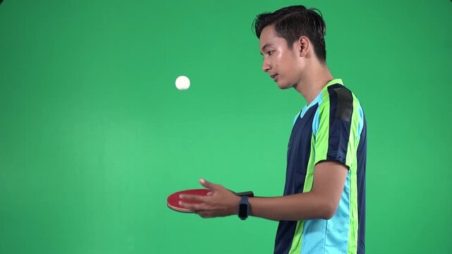 Young male table tennis player on right side faces left with paddle and ball during full serve sequence, moving from early setup to late ready stance against