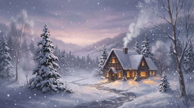 Cozy winter cabin in snowy forest landscape