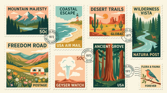 Collection of vintage postage stamps featuring scenic nature landscapes, mountain vistas, and forest environments. Nostalgic retro travel destination stickers and mail illustration set.
