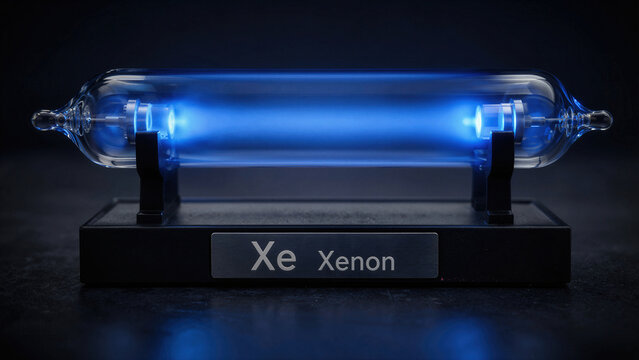 Xenon gas discharge tube shows glowing blue light in laboratory setting during science demonstration