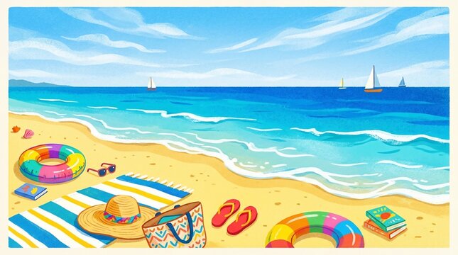 Summer beach vacation illustration with accessories on the sand