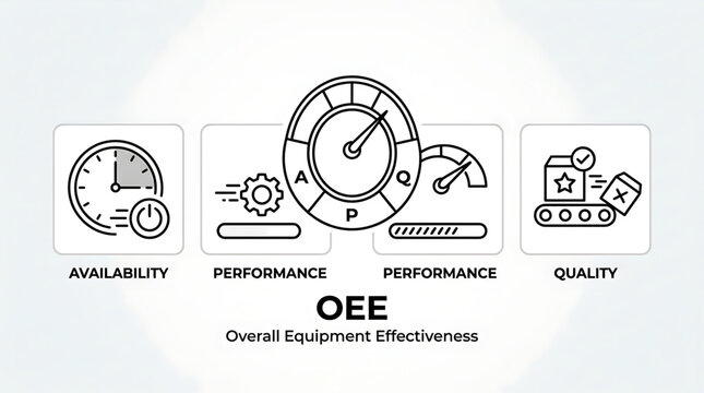 The OEE Overall Equipment Effectiveness icons illustrate availability, performance metrics, and quality control measures on industrial equipment.
