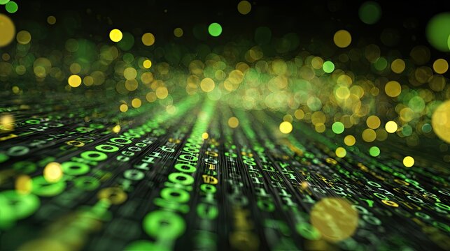 Digital stream of glowing green binary code with bokeh lights