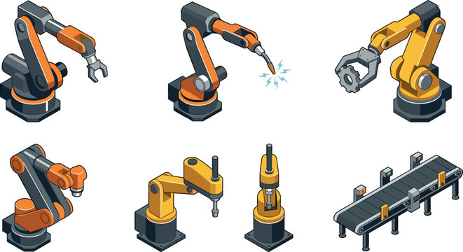 Isometric Industrial Robotic Arm and Assembly Line Vector Icon Set Featuring Welding Mechanical Claw SCARA Robot and Conveyor Belt Elements