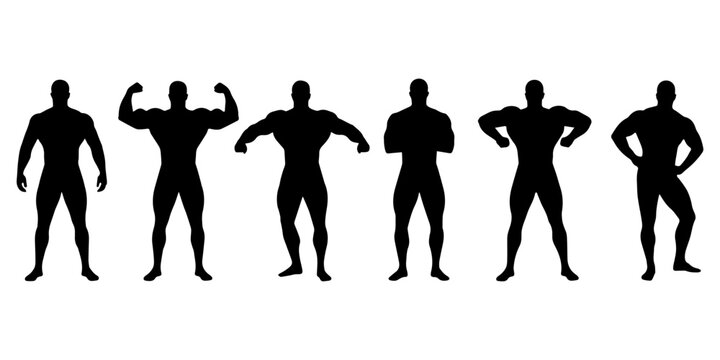 male bodybuilder silhouette set. different pose, action. isolated on white background. vector illustration. Male bodybuilder front deferent style view silhouette vector white background