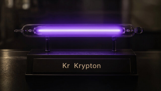 Krypton gas lamp is displayed in a science exhibit with a clear casing and purple glow under bright lights in a museum setting