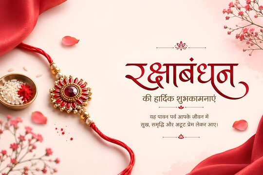 Raksha bandhan greeting card with traditional red rakhi and hindi script text