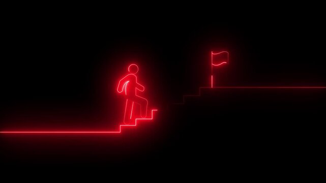 Neon Line Man Climbing Stairs to Flag Business Success and Leadership Concept. Business Leadership Concept Neon Line Man Going Up Stairs to Success Flag. SD animation