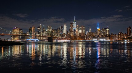 Obraz premium Illuminated city skyline across the river at night with glowing reflections