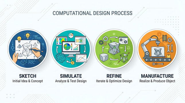 Detailed Infographic Presentation of a Computational Design Workflow from Initial Sketching to Industrial Manufacturing