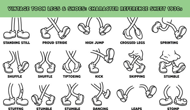 Vintage Cartoon Legs and Shoes Reference Sheet with Various Walking and Movement Poses