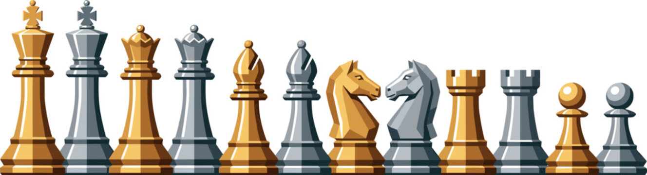 Metallic Chess Pieces Vector Set Featuring Gold and Silver Glossy King Queen Bishop Knight Rook and Pawn Icons in a Row