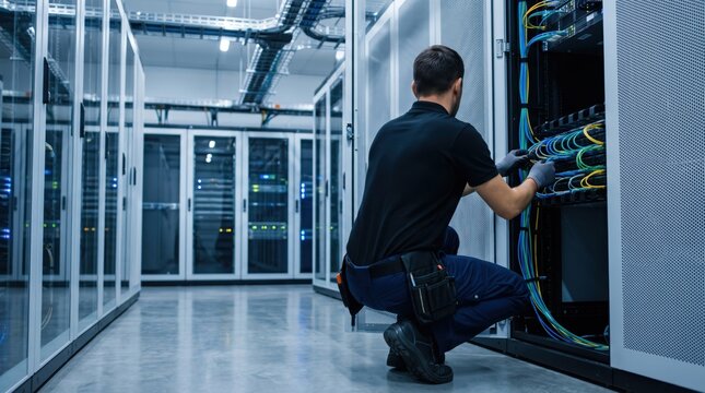 IT technician managing network cables in server room, data center maintenance and infrastructure support, professional system administrator working on hardware