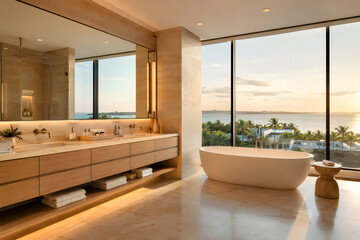 Fototapeta premium Luxury five-star hotel bathroom interior with travertine stone, floating vanity and freestanding bathtub