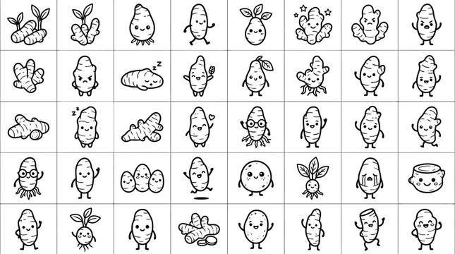 Cute Ginger Root Characters Collection, Hand-Drawn Style, Diverse Poses and Expressions