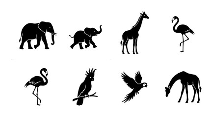 African Safari Wildlife Silhouettes: Elephant, Giraffe, Flamingo, Parrot Icons © Raju