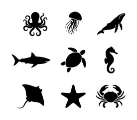 Fototapeta premium Ocean Wildlife Silhouettes: Octopus, Jellyfish, Whale, Shark, Turtle, Seahorse, Ray, Starfish, Crab Icons