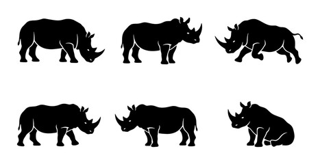 Rhino Silhouettes, Wildlife Animal Icons, African Safari Mammal Vector Set © Raju