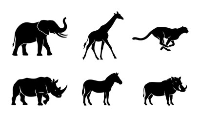 African Wildlife Silhouettes: Elephant, Giraffe, Cheetah, Rhino, Zebra, Warthog Vector Set © Tanver