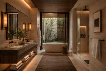 Fototapeta premium Luxury five-star hotel bathroom interior with travertine stone, floating vanity and freestanding bathtub