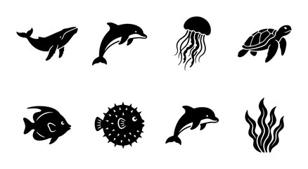 Oceanic Wildlife Icons: Whale, Dolphin, Jellyfish, Turtle, Fish, Pufferfish, Seaweed Vector Set © Raju