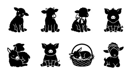 Cute Farm Animal Silhouettes, Baby Lambs, Piglets, Bunny, Vector Icons Set © Tanver