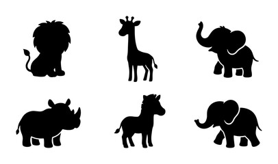 African Safari Animal Silhouettes, Vector Set: Lion, Giraffe, Elephant, Rhino, Zebra Icons © Tanver
