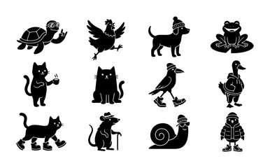 Naklejka premium Cute Animal Icons Set: Winter Clothing, Pets, Wildlife, Cartoon Style Vector Collection