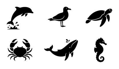 Marine Life Icons: Dolphin, Whale, Turtle, Crab, Seahorse, Seagull Silhouettes for Ocean Themes © Rakib