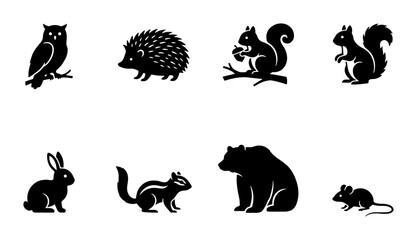 Naklejka premium Forest Animals Silhouette Collection: Owl, Bear, Squirrel, Hedgehog Icons