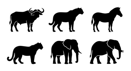 African Wildlife Silhouettes: Buffalo, Lion, Zebra, Elephant, Vector Icons for Safari and Nature Designs © Rakib
