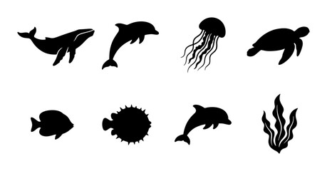 Oceanic Wildlife Silhouettes: Whales, Dolphins, Jellyfish, Turtle, Fish, Pufferfish, Seaweed Icons © Rakib