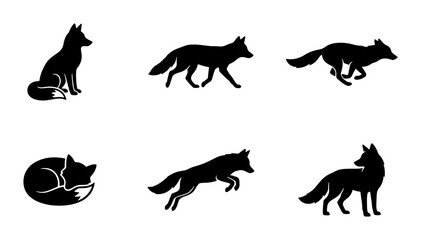 Obraz premium Black Fox Silhouettes, Woodland Animal Poses, Wild Canine Vector Icons Set
