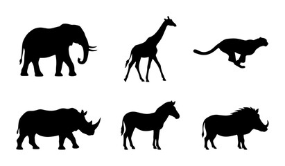 African Wildlife Silhouettes: Elephant, Giraffe, Cheetah, Rhino, Zebra, Warthog Vector Set © Rakib