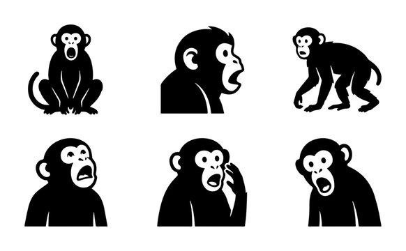 Monkey Icons Set, Primate Emoticons, Simian Expressions, Vector Graphics Collection