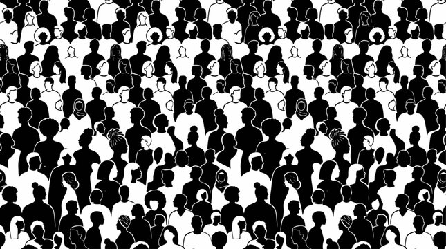 Seamless pattern of diverse ethnic crowd silhouettes in abstract art style, representing human community and cultural diversity group backdrop monochrome black and white illustration.