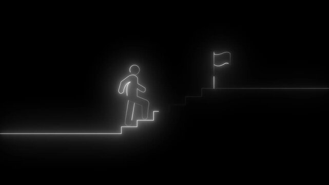 Neon Line Man Climbing Stairs to Flag Business Success and Leadership Concept. Business Leadership Concept Neon Line Man Going Up Stairs to Success Flag. SD animation