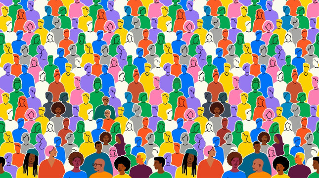 Vibrant seamless pattern of a diverse multicultural crowd featuring ethnic community members in a large group illustration representing unity, social inclusivity, and global diversity.