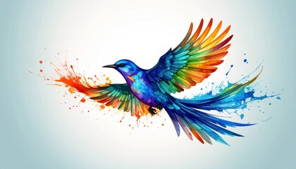 Fototapeta premium A vibrant, watercolor-style bird in mid-flight, wings spread showing rainbow hues, against a light backdrop